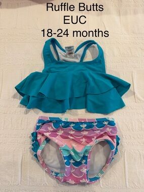 Ruffle Butts Teal Ruffle Tankini with Multicolor Scallop Bottoms